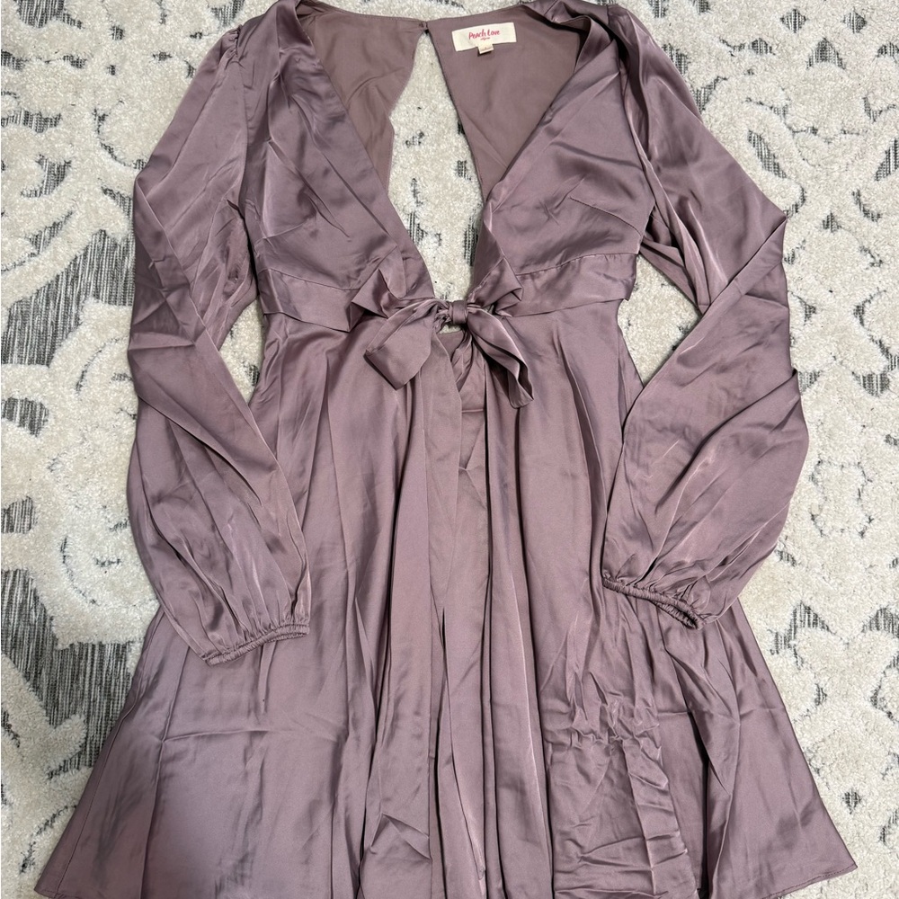 Peach Love California Dusty Mauve Satin Tie-Waist Mini Dress